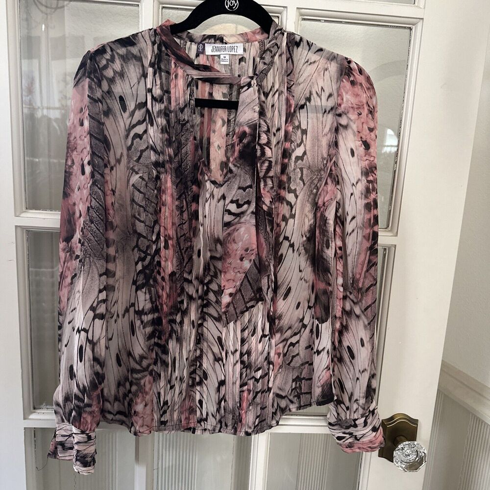 Jennifer Lopez Abstract Pintuck Pink Chiffon Tie Blouse Womens M